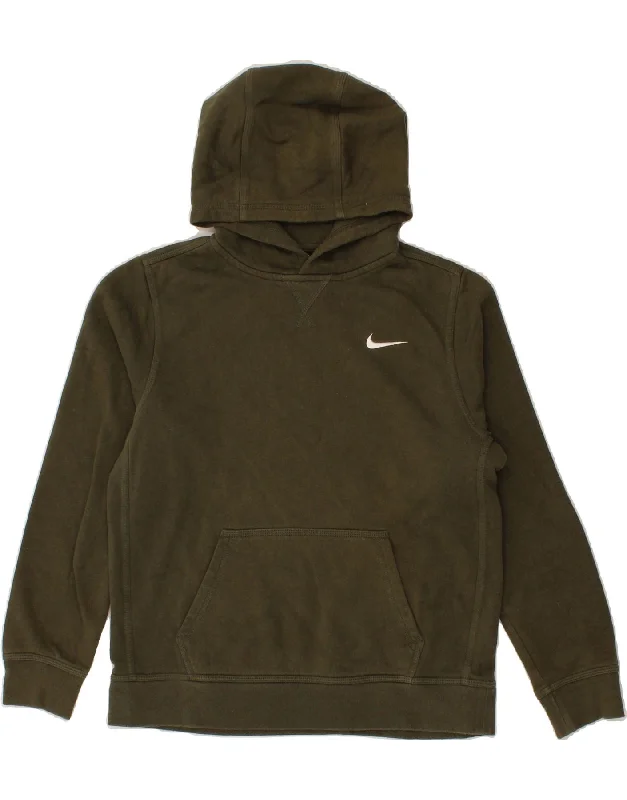 men's athletic hoodie jackets -NIKE Boys Hoodie Jumper 13-14 Years XL Khaki Cotton