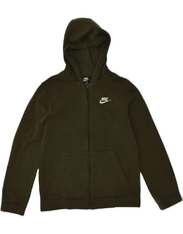 men's zip-up sweaters -NIKE Boys Standard Fit Zip Hoodie Sweater 12-13 Years Large  Khaki Cotton