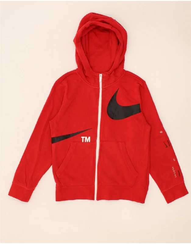 men's sweater for layering -NIKE Boys Swoosh Graphic Zip Hoodie Sweater 10-11 Years Medium  Red Cotton