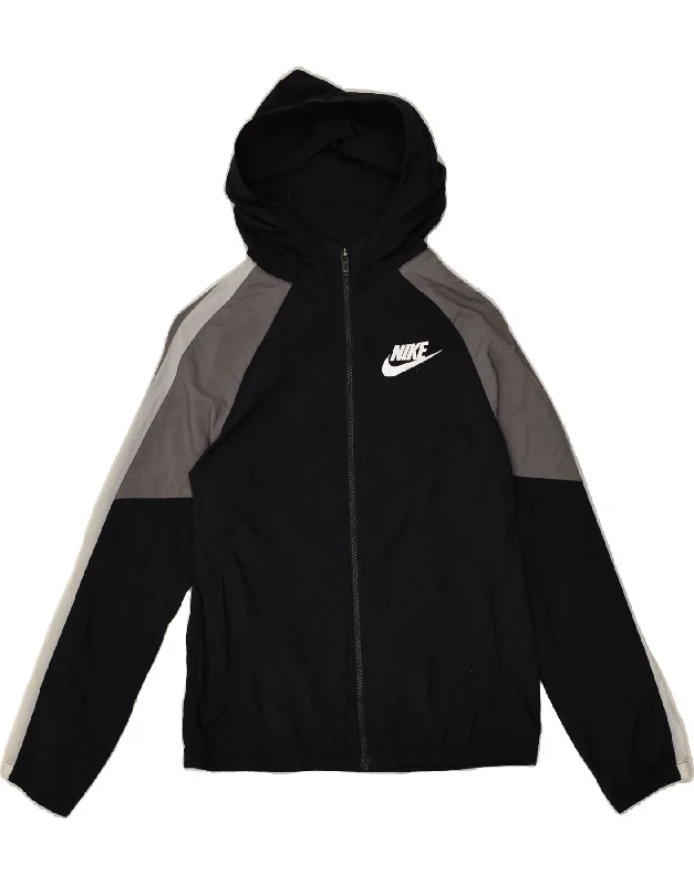 men's fashionable knitted sweaters -NIKE Boys Zip Hoodie Sweater 12-13 Years Large Black Colourblock Polyester