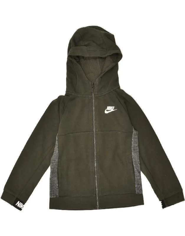 men's zip-up knit sweaters -NIKE Boys Zip Hoodie Sweater  6-7 Years Large Khaki Colourblock Cotton