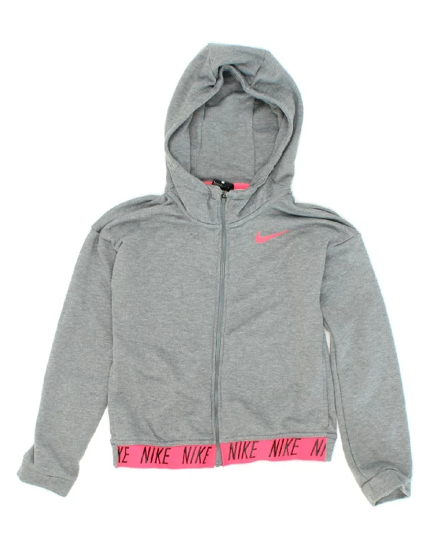 men's everyday knit sweaters -NIKE Girls Dri Fit Graphic Zip Hoodie Sweater 12-13 Years Large Grey