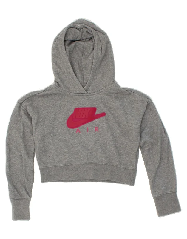 men's fleece-lined hoodies -NIKE Girls Graphic Crop Hoodie Jumper 10-11 Years Medium Grey Cotton