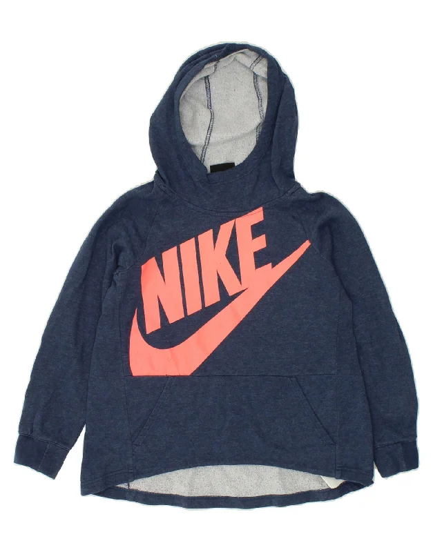 men's comfortable casual hoodies -NIKE Girls Graphic Hoodie Jumper 10-11 Years Medium Navy Blue Cotton