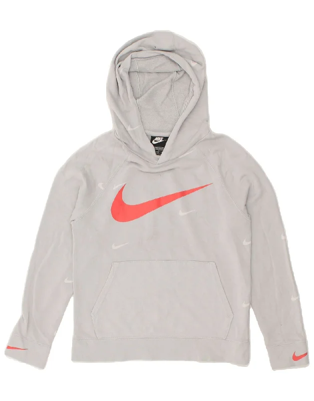 men's athletic fit sweatshirts -NIKE Girls Graphic Hoodie Jumper 12-13 Years Large Grey Cotton