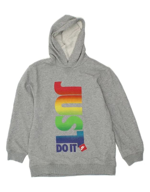 men's zip-up sweatshirts for gym -NIKE Girls Graphic Hoodie Jumper 12-13 Years Large  Grey Cotton