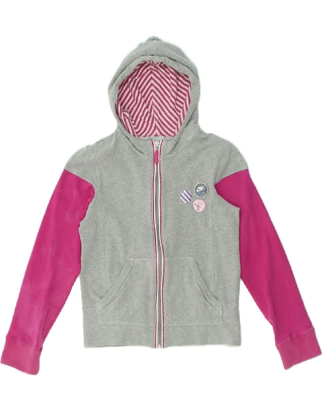 men's short-sleeve sweaters -NIKE Girls Graphic Zip Hoodie Sweater 10-11 Years Medium Grey Colourblock