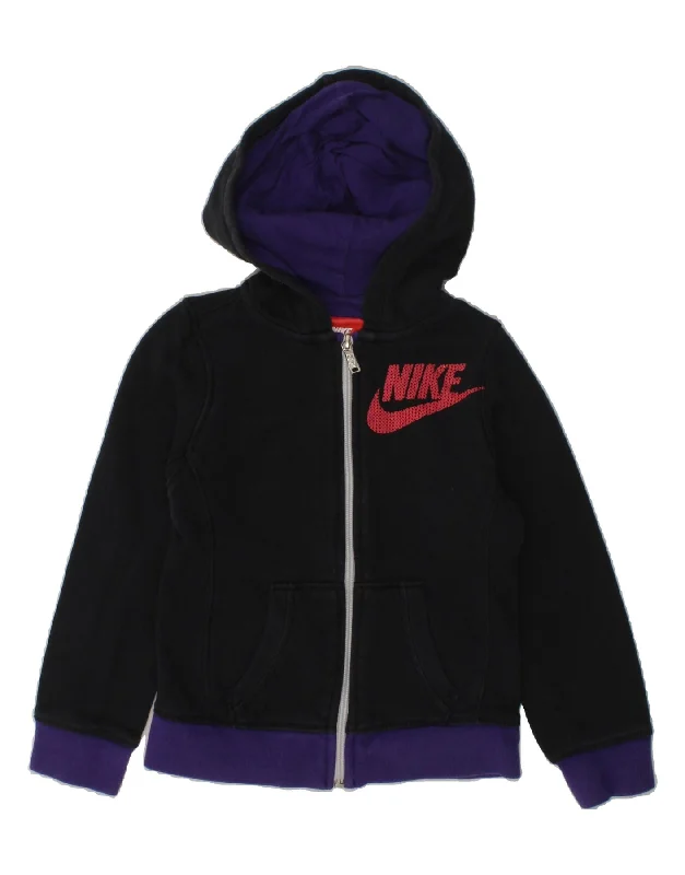 men's stylish cardigans -NIKE Girls Graphic Zip Hoodie Sweater 5-6 Years Medium  Black Colourblock