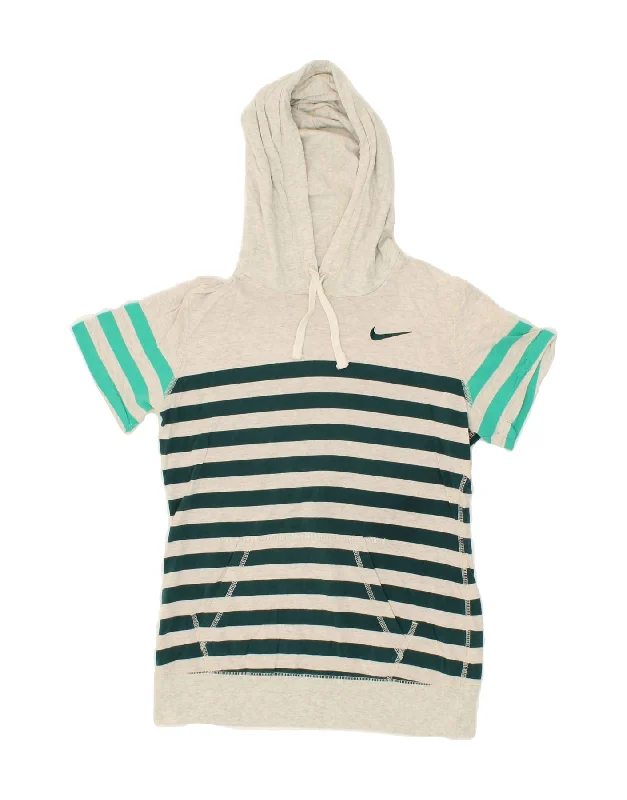 men's hoodie with pockets -NIKE Girls Short Sleeve Hoodie Jumper 8-9 Years Small Grey Striped Cotton