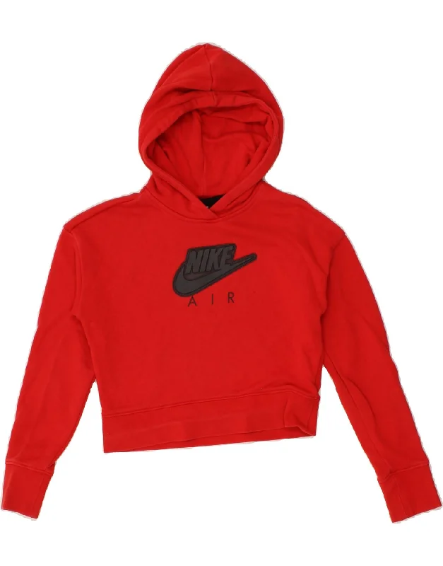 men's long sleeve hoodie -NIKE Girls Standard Fit Graphic Hoodie Jumper 12-13 Years Large Red Cotton