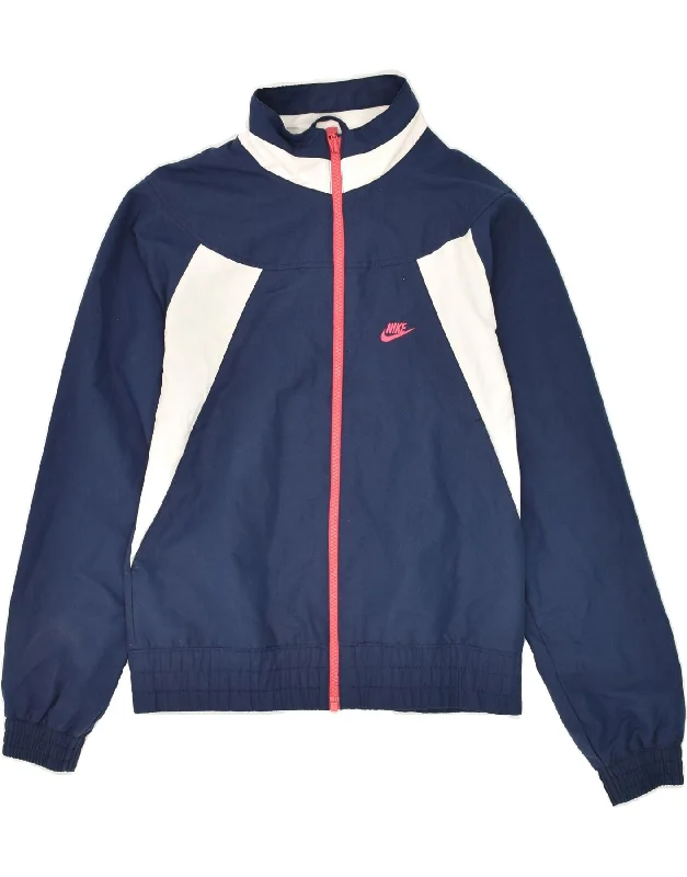 men's down-filled jackets -NIKE Girls Tracksuit Top Jacket 12-13 Years Large Navy Blue Colourblock