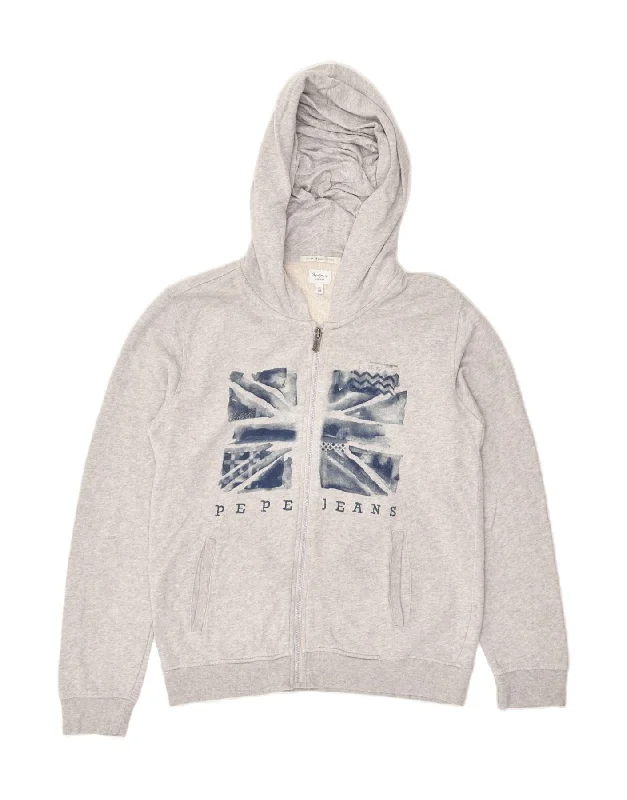 men's designer sweaters -PEPE JEANS Boys Graphic Zip Hoodie Sweater 13-14 Years Grey Cotton