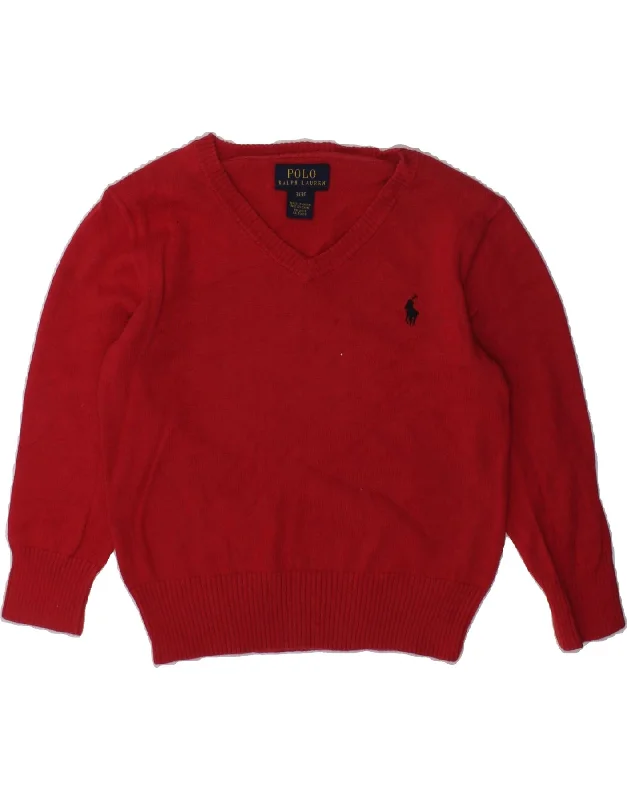 men's long sleeve cardigans -POLO RALPH LAUREN Boys V-Neck Jumper Sweater 2-3 Years Red Cotton