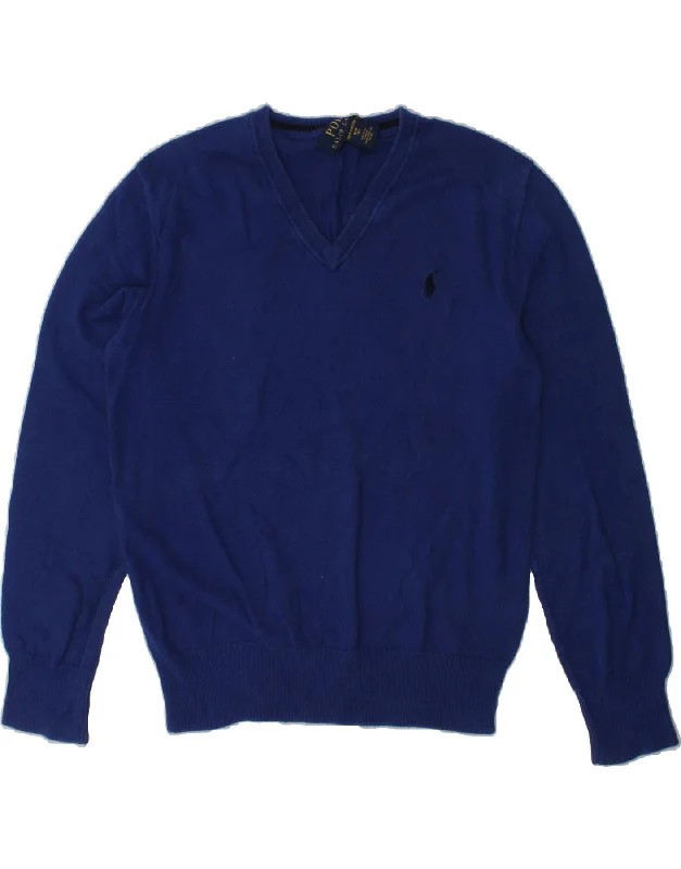 men's formal sweaters -POLO RALPH LAUREN Boys V-Neck Jumper Sweater 7-8 Years Small  Blue Cotton