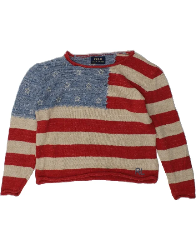 men's everyday sweaters -POLO RALPH LAUREN Girls Boat Neck Jumper Sweater 7-8 Years Red Striped