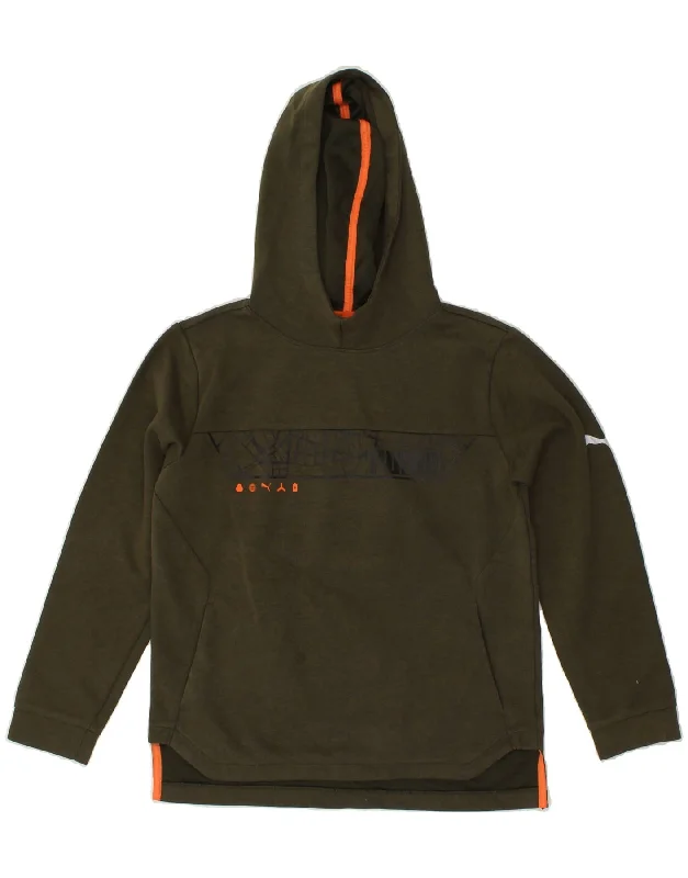 men's zip-up hoodie for hiking -PUMA Boys Graphic Hoodie Jumper 11-12 Years Khaki Polyester