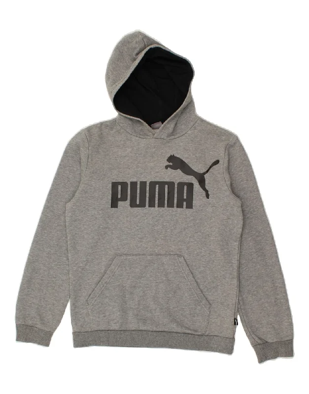 men's hoodie with pockets -PUMA Boys Graphic Hoodie Jumper 13-14 Years Grey Flecked Cotton