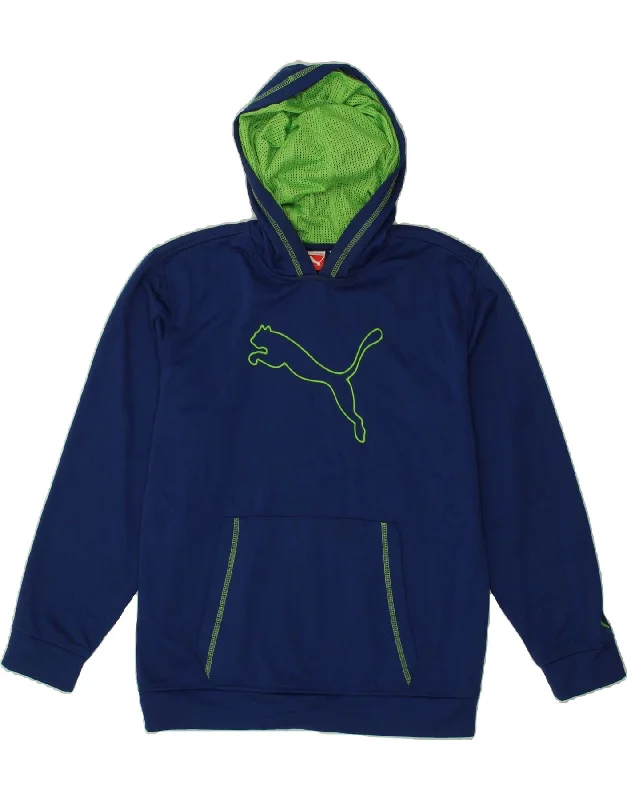 men's pullover hoodie with pockets -PUMA Boys Graphic Hoodie Jumper 13-14 Years Large Navy Blue Polyester