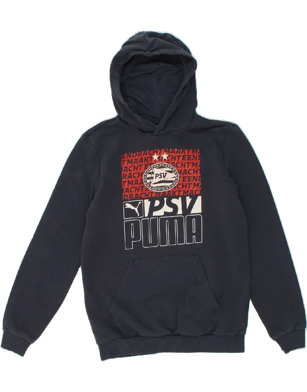 men's workout hoodies -PUMA Boys Graphic Hoodie Jumper 13-14 Years XL Navy Blue Cotton