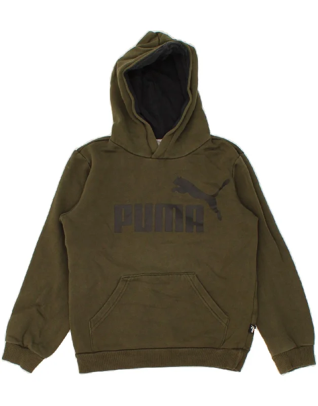 men's pullover hoodie with pockets -PUMA Boys Graphic Hoodie Jumper 9-10 Years Khaki Cotton