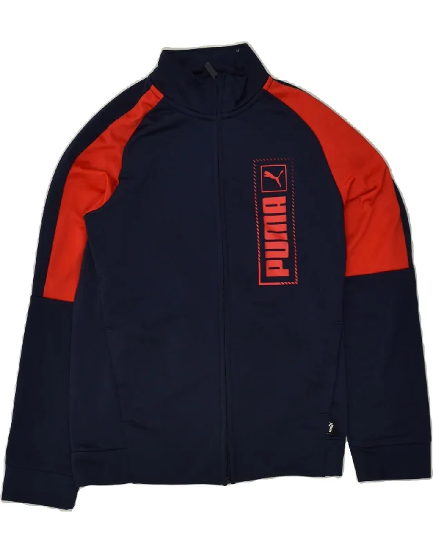 men's weather-resistant jackets -PUMA Boys Graphic Tracksuit Top Jacket 11-12 Years Navy Blue Colourblock