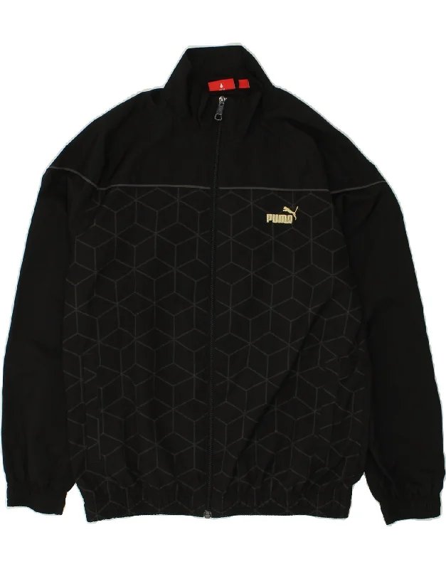 men's parkas -PUMA Boys Graphic Tracksuit Top Jacket 13-14 Years XL Black Geometric