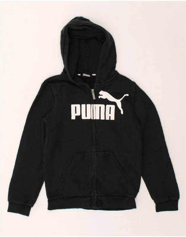 men's fashionable knitted sweaters -PUMA Boys Graphic Zip Hoodie Sweater 11-12 Years Black Cotton