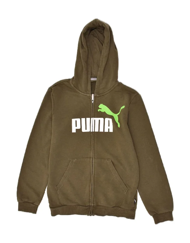 men's outdoor sweaters -PUMA Boys Graphic Zip Hoodie Sweater 13-14 Years Khaki Cotton