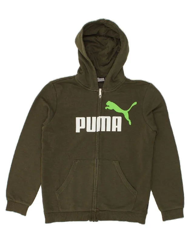 men's cotton sweaters -PUMA Boys Graphic Zip Hoodie Sweater 13-14 Years Khaki Cotton