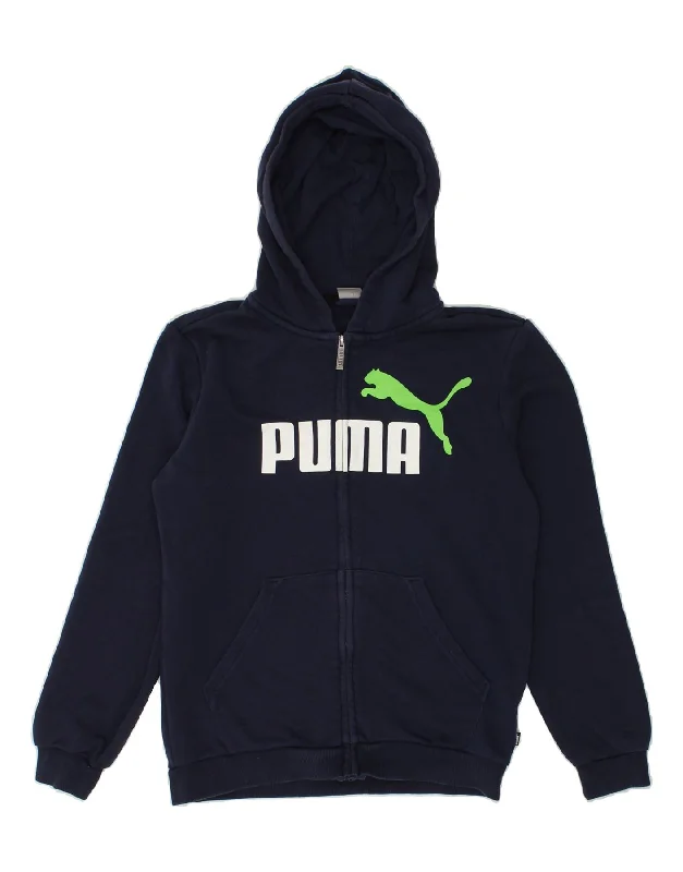 men's wool sweaters -PUMA Boys Graphic Zip Hoodie Sweater 13-14 Years Navy Blue Cotton