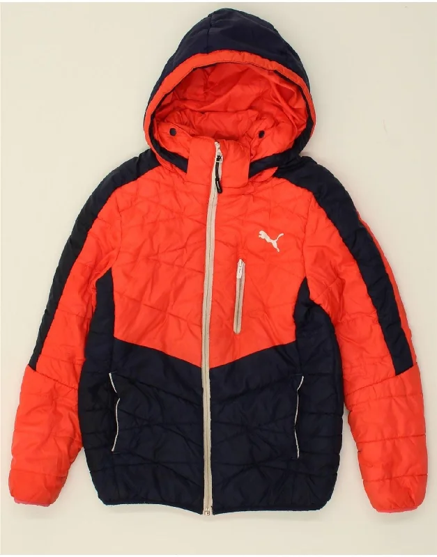 men's wind-resistant jackets -PUMA Boys Hooded Padded Jacket 9-10 Years Medium  Orange Colourblock Nylon