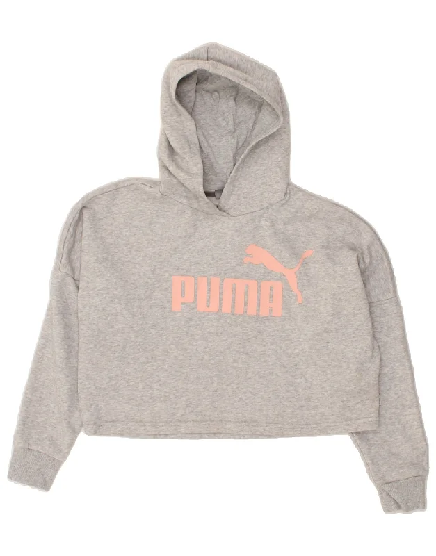 men's fleece hoodie jacket -PUMA Girls Crop Graphic Hoodie Jumper 11-12 Years Grey Cotton