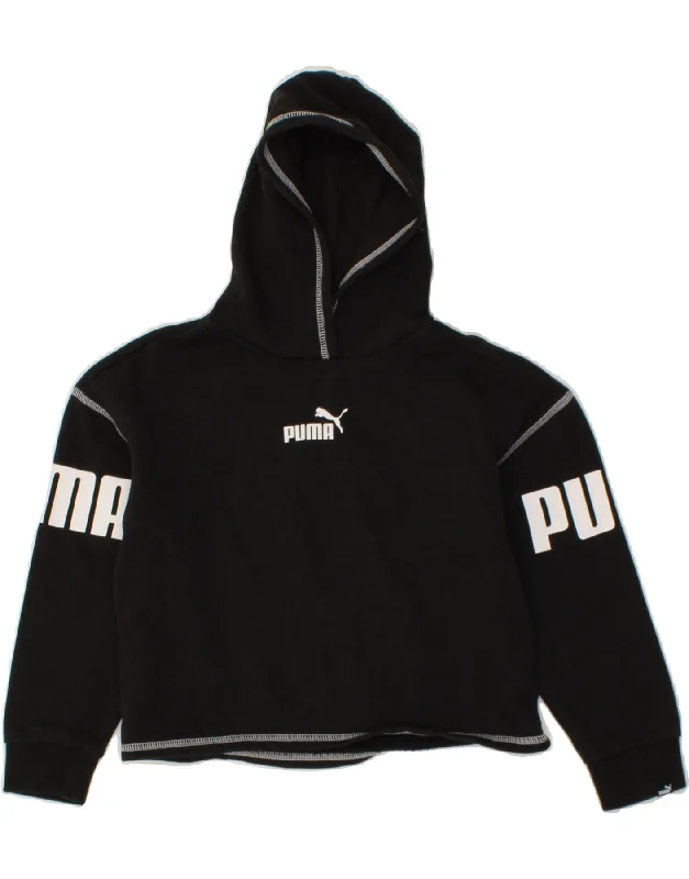 men's cotton blend hoodies -PUMA Girls Crop Graphic Hoodie Jumper 9-10 Years Black Cotton