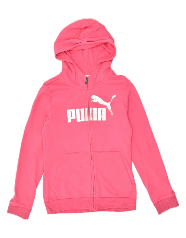 men's sweater for layering -PUMA Girls Graphic Zip Hoodie Sweater 11-12 Years Large Pink Cotton