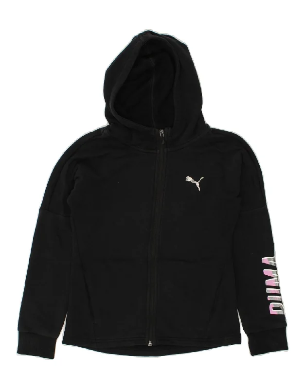 men's pullover sweaters -PUMA Girls Graphic Zip Hoodie Sweater 9-10 Years Black Cotton