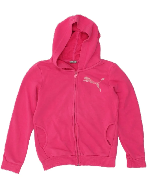 men's knit cardigans -PUMA Girls Graphic Zip Hoodie Sweater 9-10 Years Medium Pink Cotton