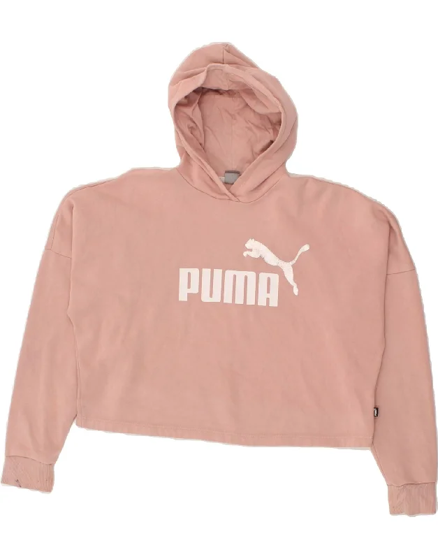 men's hoodie with high collar -PUMA Girls Oversized Crop Graphic Hoodie Jumper 15-16 Years Pink Cotton