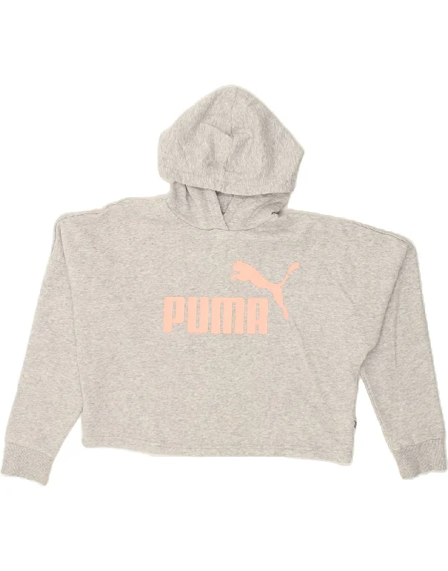 men's graphic print hoodies -PUMA Girls Oversized Graphic Hoodie Jumper 13-14 Years Grey Flecked Cotton