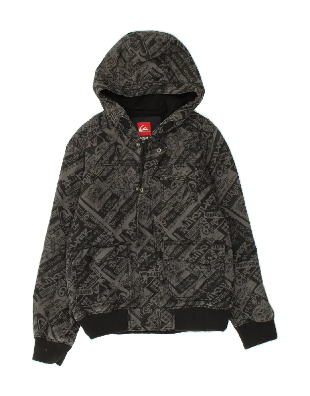 men's fashionable outer jackets -QUIKSILVER Boys Graphic Hooded Bomber Jacket 13-14 Years Grey Cotton