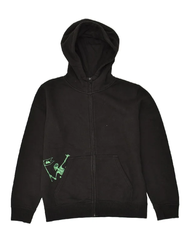 men's hooded sweaters -QUIKSILVER Boys Graphic Zip Hoodie Sweater 13-14 Years Black Cotton