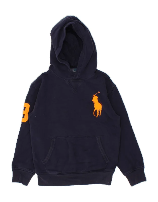 men's soft cotton hoodies -RALPH LAUREN Boys Graphic Hoodie Jumper 7-8 Years Small Navy Blue Cotton