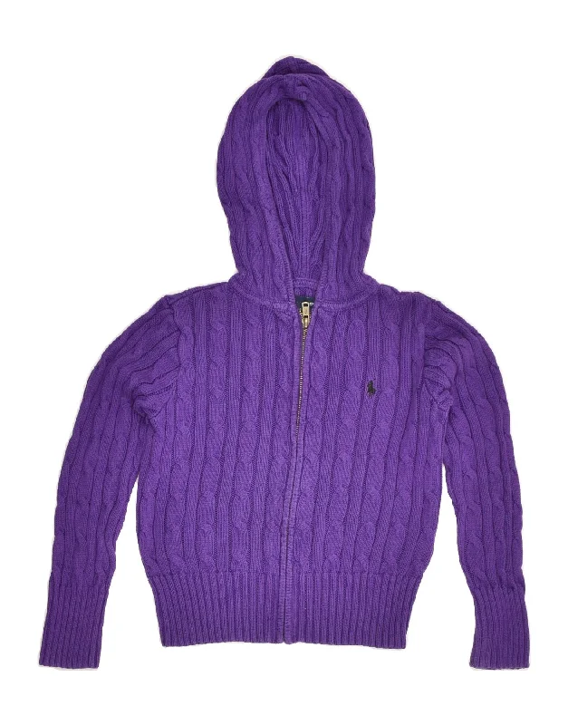 men's fashionable knitted sweaters -RALPH LAUREN Girls Hooded Cardigan Sweater 3-4 Years Small Purple Cotton