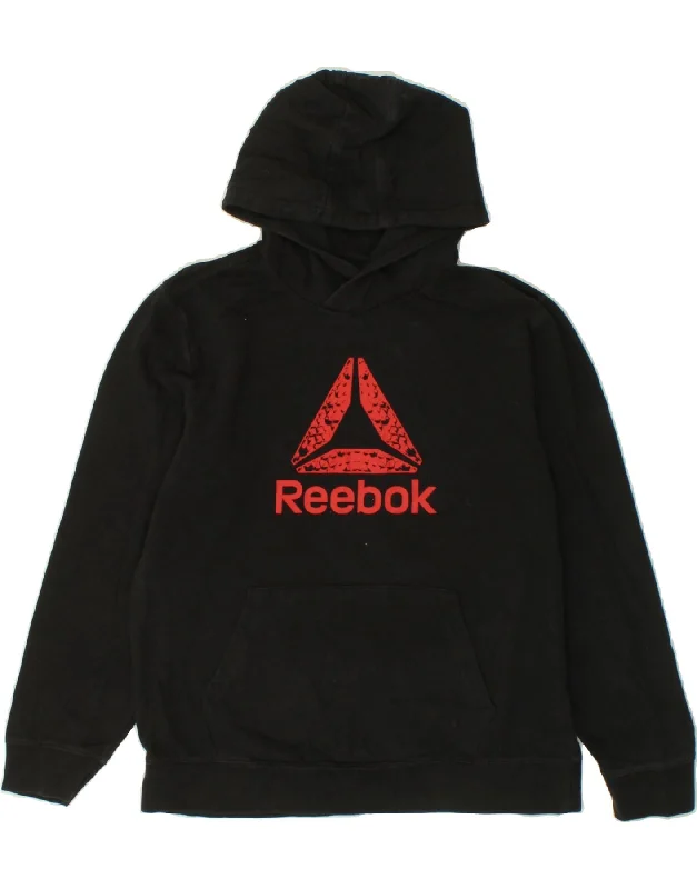 men's pullover hoodies -REEBOK Boys Graphic Hoodie Jumper 11-12 Years Large Black Cotton