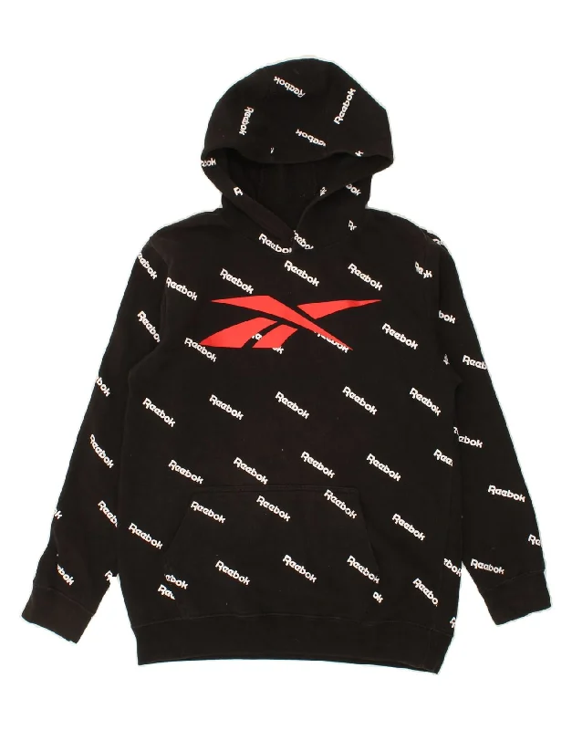 men's casual hoodies with stripes -REEBOK Boys Graphic Hoodie Jumper 15-16 Years XL Black Cotton