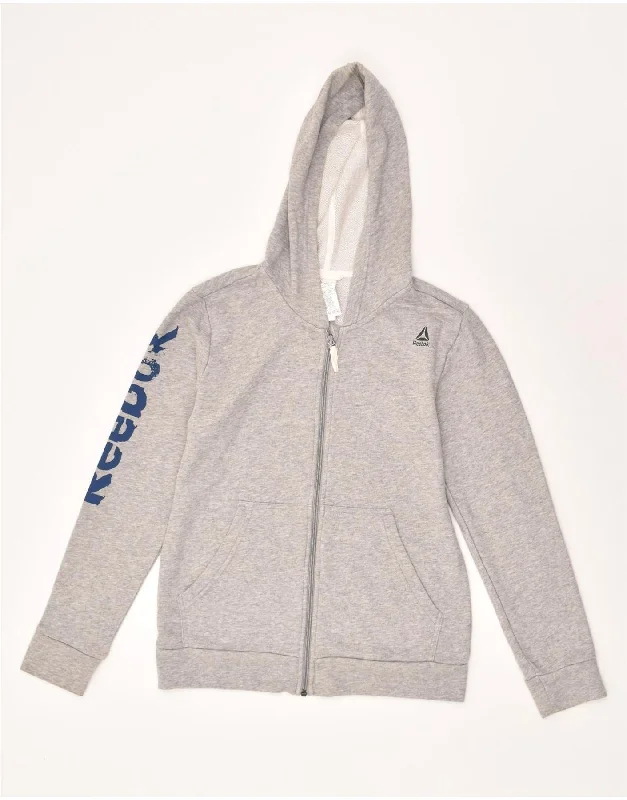 men's high-neck sweaters -REEBOK Boys Graphic Zip Hoodie Sweater 13-14 Years Large Grey Cotton