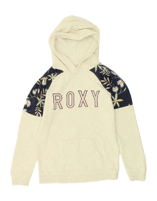 men's hoodie sweatshirt for weekend -ROXY Girls Graphic Hoodie Jumper 12-13 Years 2XL Off White Floral