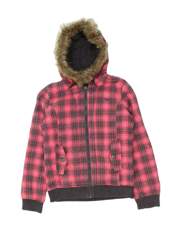 men's fashionable jackets -ROXY Girls Hooded Bomber Jacket 13-14 Years Pink Check Cotton