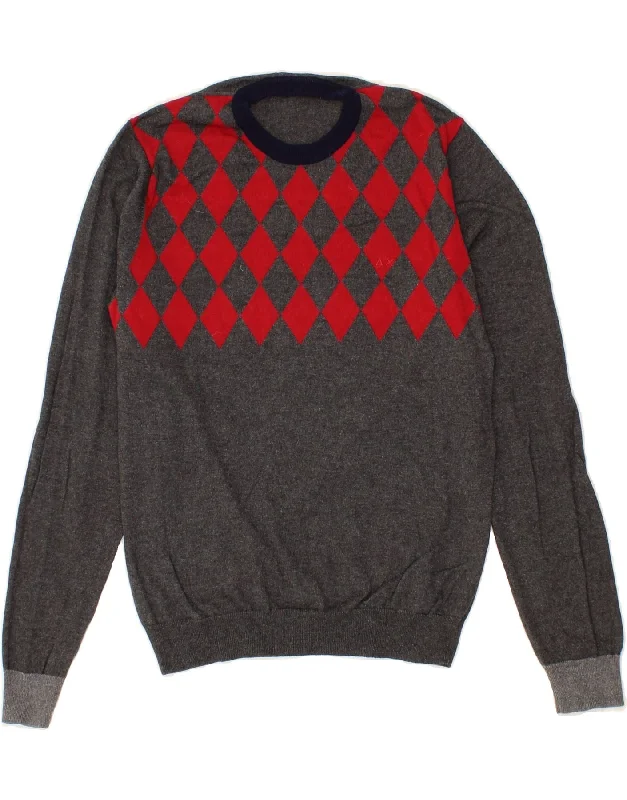 men's heavy-duty knit sweaters -SUN68 Boys Crew Neck Jumper Sweater 13-14 Years Grey Argyle/Diamond Wool