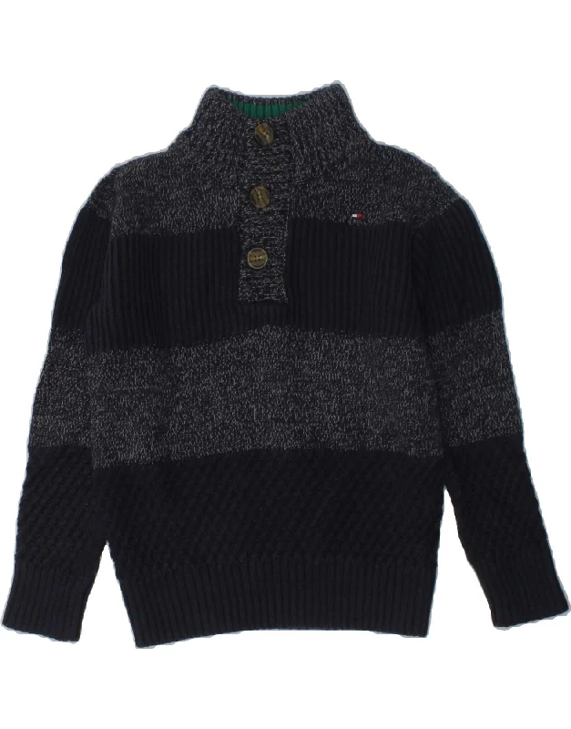 men's thick cardigans -TOMMY HILFIGER Boys Button Neck Jumper Sweater 3-4 Years Navy Blue Striped