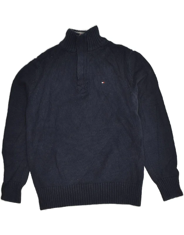 men's cozy wool sweaters -TOMMY HILFIGER Boys Button Neck Jumper Sweater 8-9 Years Small Navy Blue